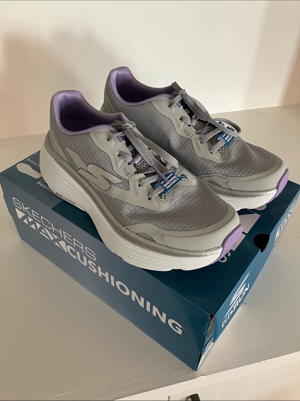 Skechers Women's max cushioning go run Gray and Lavender Athletic Sneakers